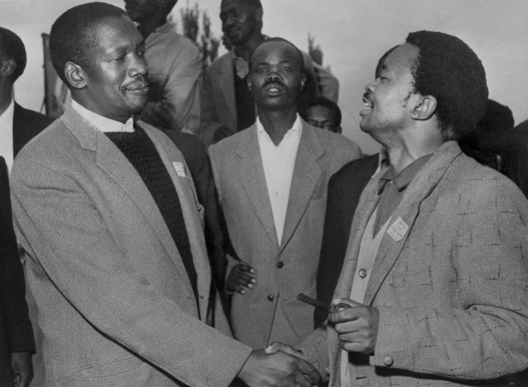 Undated picture of the South African Pan Africanist Congress (PAC) founder Robert Sobukwe (L) with Potlako Leballo (R), member of the PAC. The Pan Africanist Congress (PAC) was a South African liberation movement, founded in 1959 after members of the African National Congress (ANC) broke away from the party because they objected to the ANC's non-racial policies. Robert Sobukwe was elected as the first president, at the founding conference held in April 1959 in Johannesburg. On 21 March 1960, the PAC launched a campaign against the required pass laws, that led up to the Sharpeville massacre and the banishment of both the PAC and ANC. (Photo by AFP)