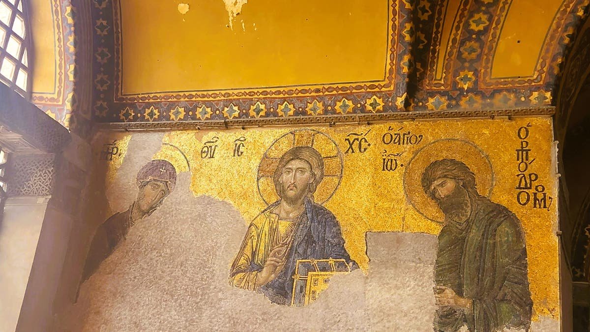 A 13th-century representation of the Virgin Mary, Christ and John the Baptist at the Hagia Sophia, Istanbul, Turkey.