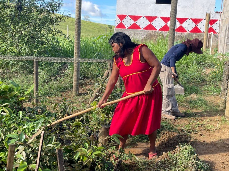 A Maxakali woman uses a hoe to tend to crops