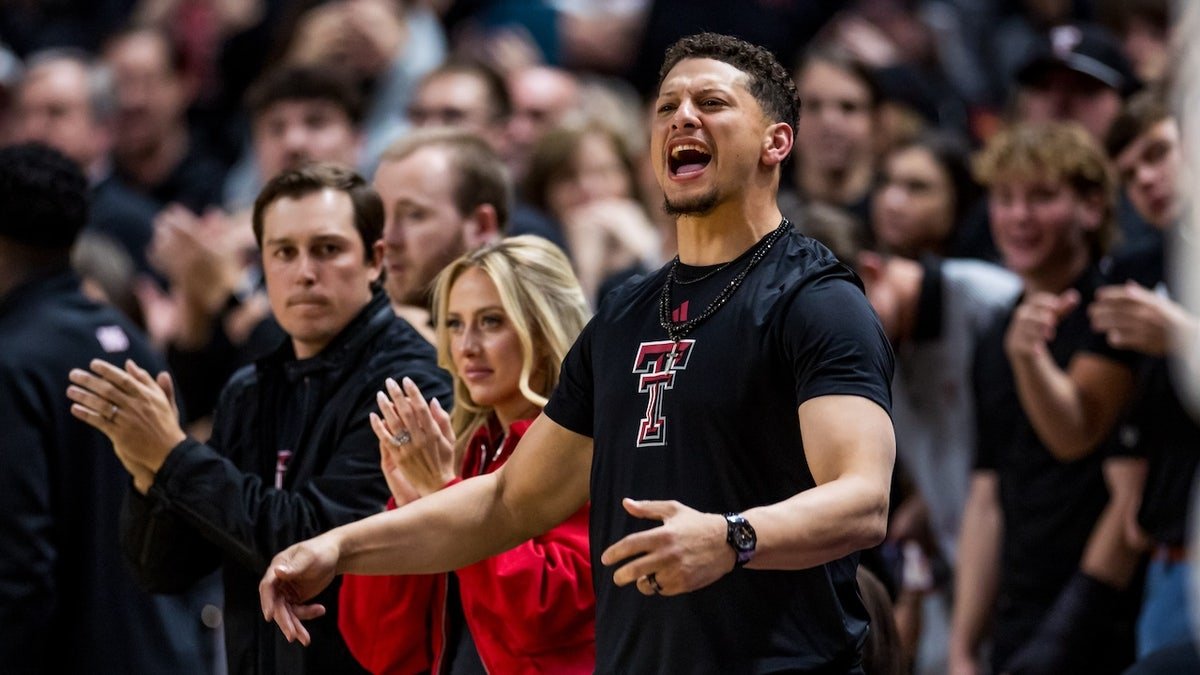 Patrick Mahomes pumps up the crowd during the second half of the game between the Houston Cougars and the Texas Tech Red Raiders at United Supermarkets Arena on February 24, 2025 in Lubbock, Texas.