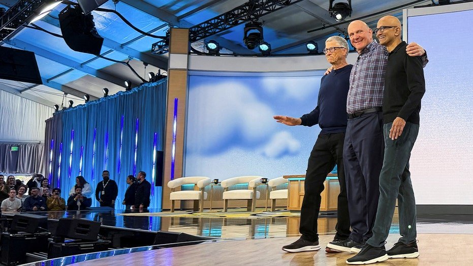 Microsoft co-founder Bill Gates, former Microsoft CEO Steve Ballmer, and CEO of Microsoft Satya Nadella at the company's 50th anniversary event
