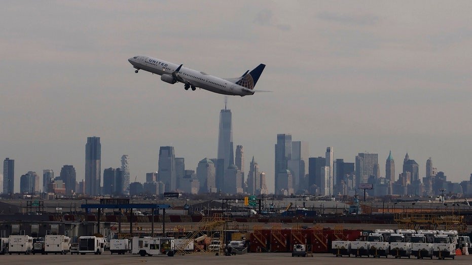 Plane against Newark skyline