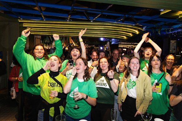 Young Greens supporters cheer at campaign HQ in Melbourne.