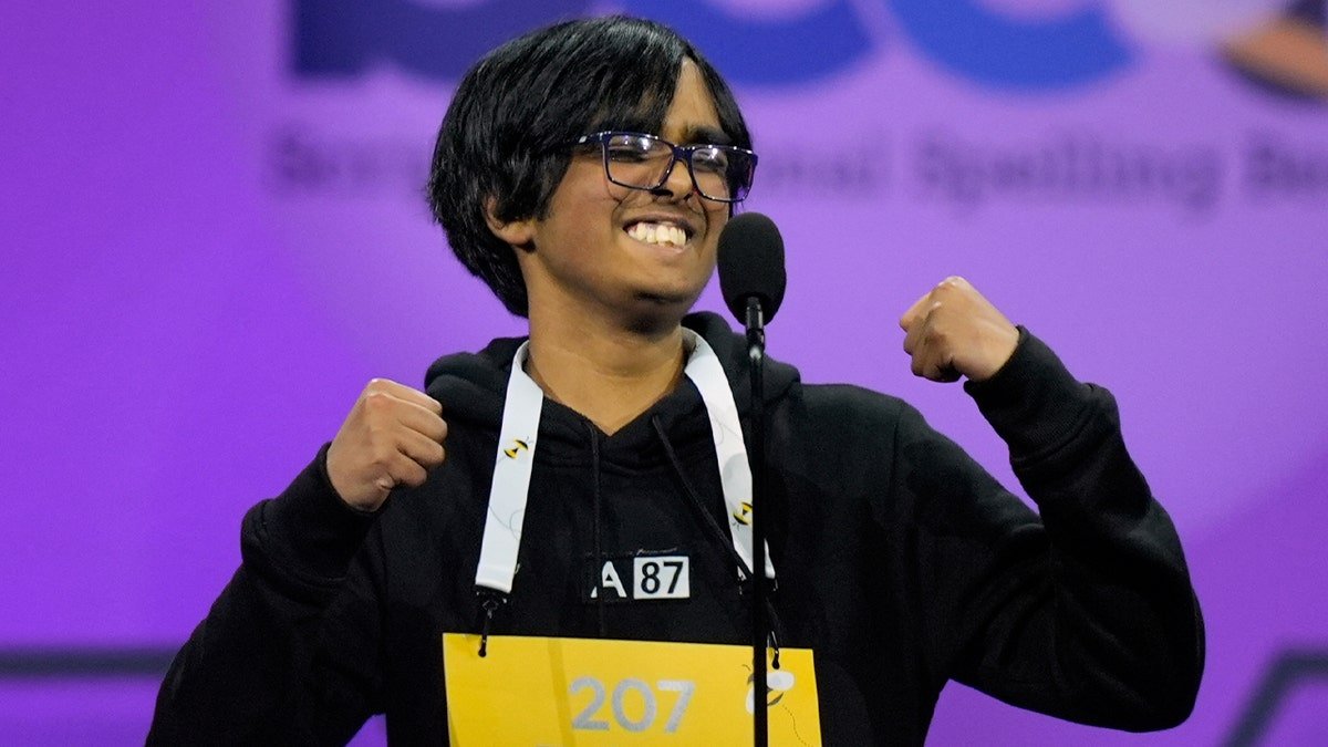 Faizan Zaki reacts as he wins the 2025 Scripps National Spelling Bee