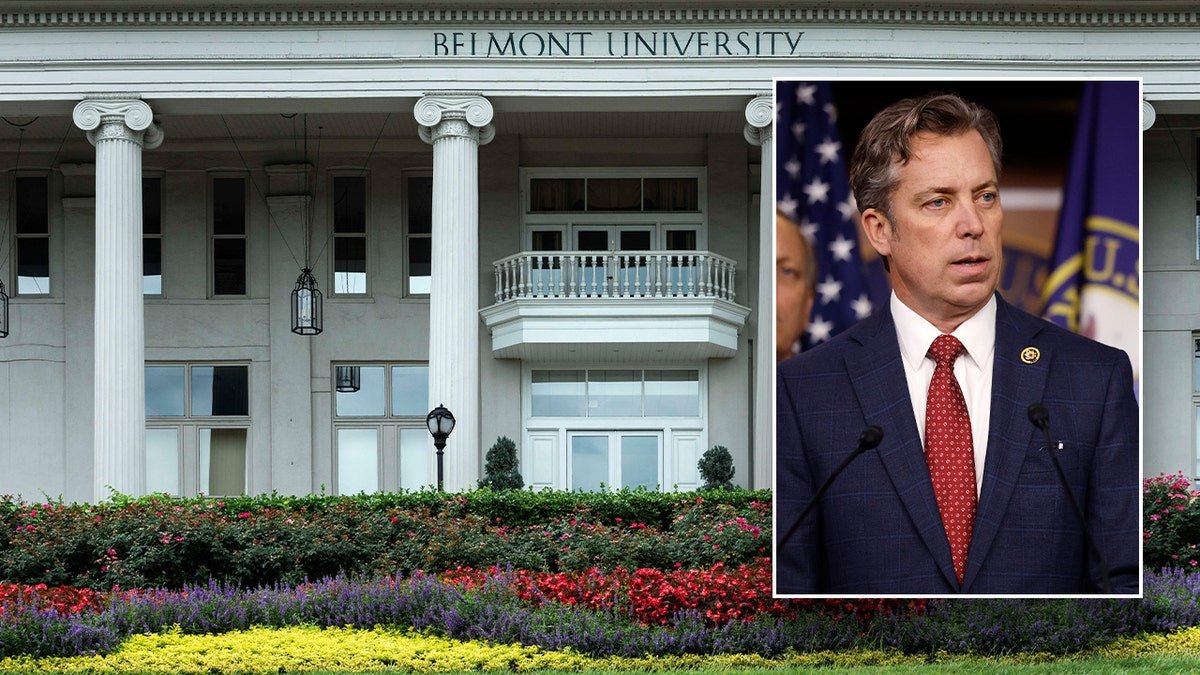 Belmont University building, main; Rep. Ogles in right inset