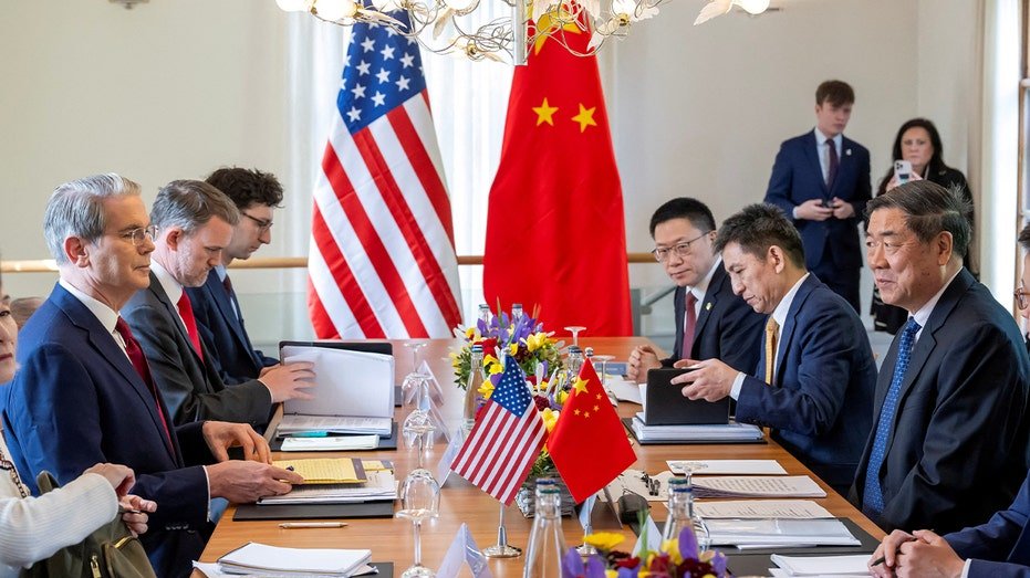 U.S. Secretary of the Treasury Scott Bessent, U.S. Trade Representative Jamieson Greer, China's International Trade Representative and Vice Minister of Commerce Li Chenggang, and Chinese Vice Premier He Lifeng, prepare to discuss on the day of a bilateral meeting between the U.S. and China, in Geneva, Switzerland, May 10, 2025.