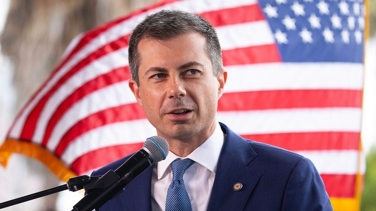Pete Buttigieg, US secretary of transportation, speaks during a news conference in Long Beach, California, US, on Thursday, July 18, 2024. The Pier B on-dock rail project, which is expected to be the largest rail facility of any port in the US, will serve the Ports of Long Beach and Los Angeles. Photographer: Tim Rue/Bloomberg via Getty Images