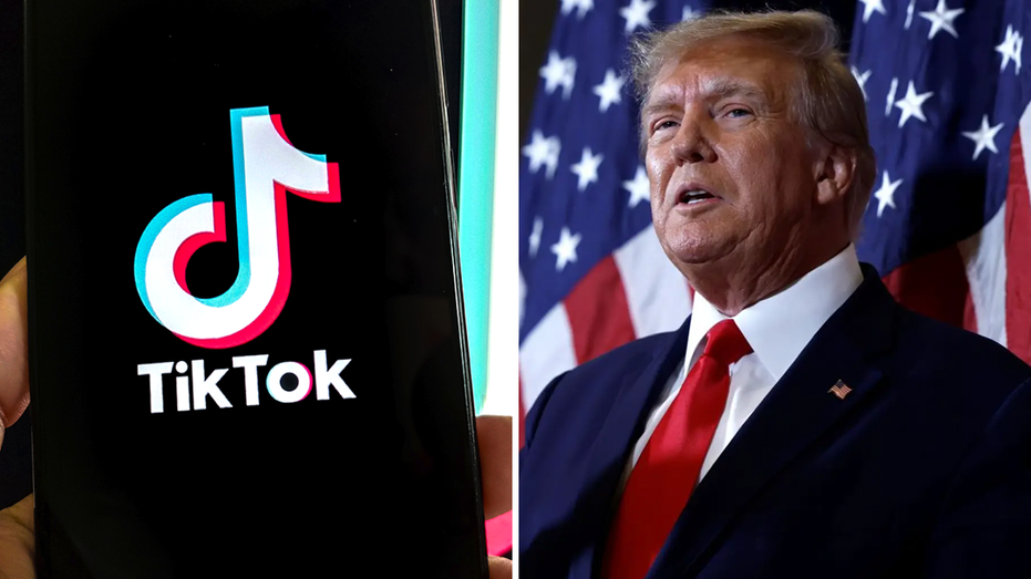 Photo of TikTok logo and President Trump speaking