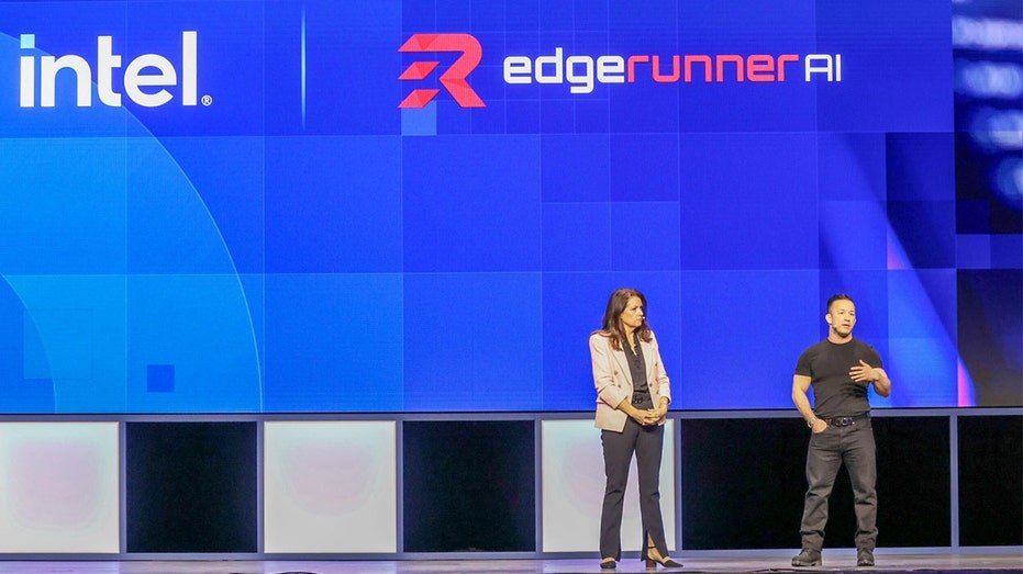 CEO of EdgeRunner AI, Tyler Saltsman, speaking on a stage with a blue background