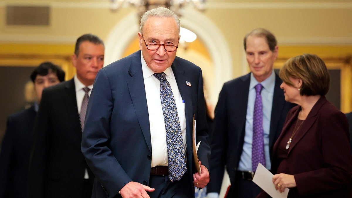 Senate Minority Leader Chuck Schumer (D-NY) walks to speak at a news conference following the weekly Senate Democratic policy luncheon at the U.S. Capitol on June 17, 2025, in Washington.