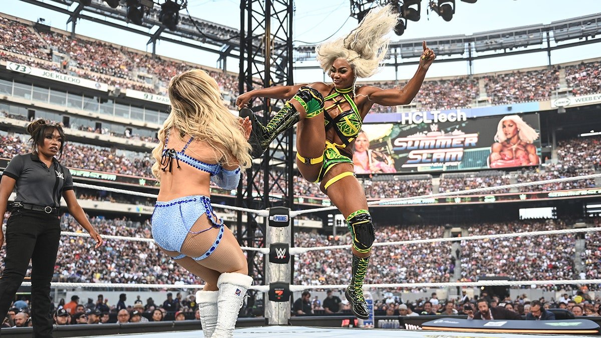 Jade Cargill hits Tiffany Stratton with the boot