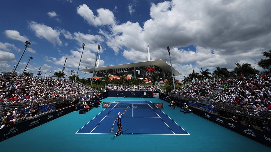 Grigor Dimitrov plays in a tennis match at the Miami Open