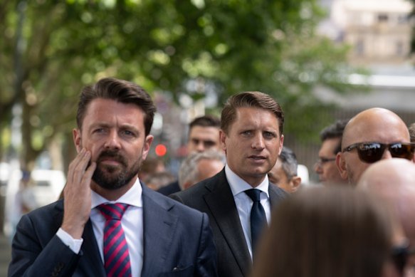 Andrew Hastie (right) met Angus Taylor and other key colleagues – including Jonno Duniam (left) – at a house in Melbourne.