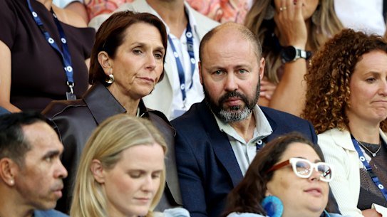 Jayne Hrdlicka and Josh Frydenberg in the crowd at the Australian Open last week.