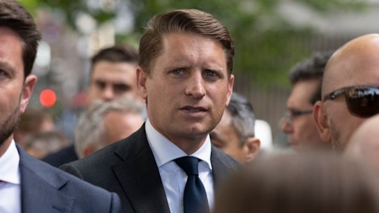 Andrew Hastie (right) met Angus Taylor and other key colleagues – including Jonno Duniam (left) – at a house in Melbourne.