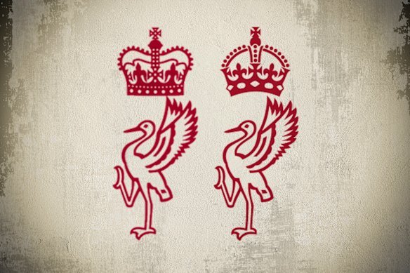 The Queensland governor’s crown and brolga emblem, with the heraldic depiction of Queen Elizabeth II’s preferred St Edward’s Crown on the left, and King Charles III’s preferred Tudor Crown on the right.