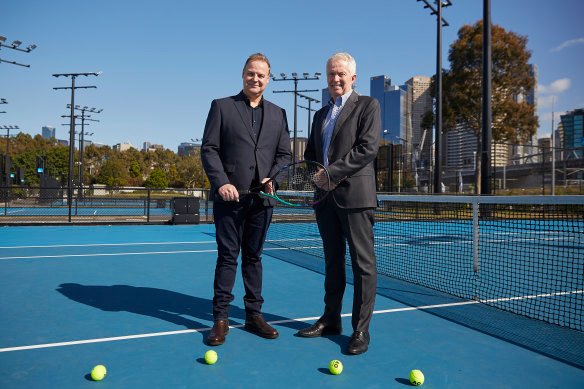Jason Nuell, of Marriott International, and Tennis Australia chief Craig Tiley.