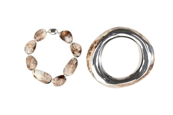 Dinosaur Designs “Rock Wishbone” bangle, $390, and choker in “Cappuccino”, $1010.
