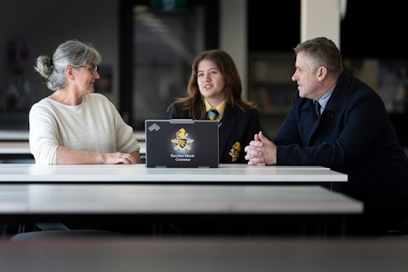 Bacchus Marsh Grammar head of maths Debra Penny with student Eva White and leading maths teacher David Hunter.