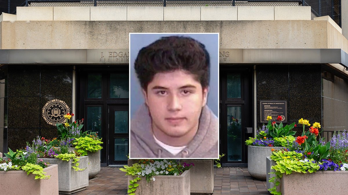 Mugshot of Alejandro Rosales Castillo over the FBI headquarters