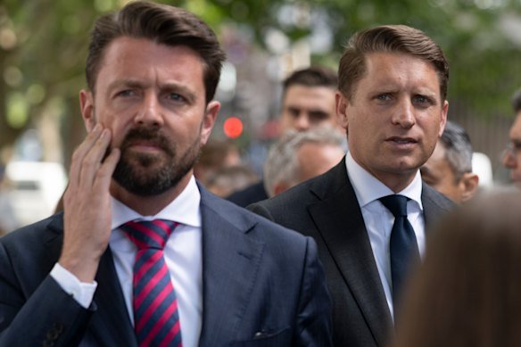 Andrew Hastie (right) met  Angus Taylor and other key colleagues – including Jonno Duniam (left) – at a house in Melbourne.