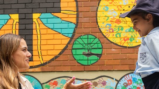Kindergarten student 4-year-old Arielle and her mum, Sheena Katrib,