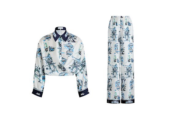 Scanlan Theodore silk souvenir shirt, $650, and silk souvenir trousers, $650.