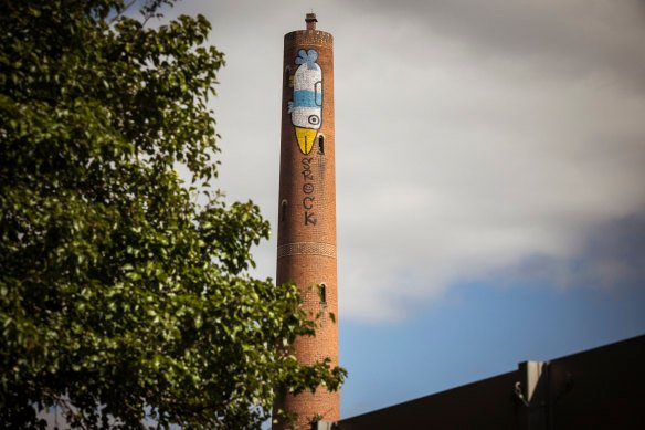 Pam the Bird graffiti on the side of the shot tower in Clifton Hill.