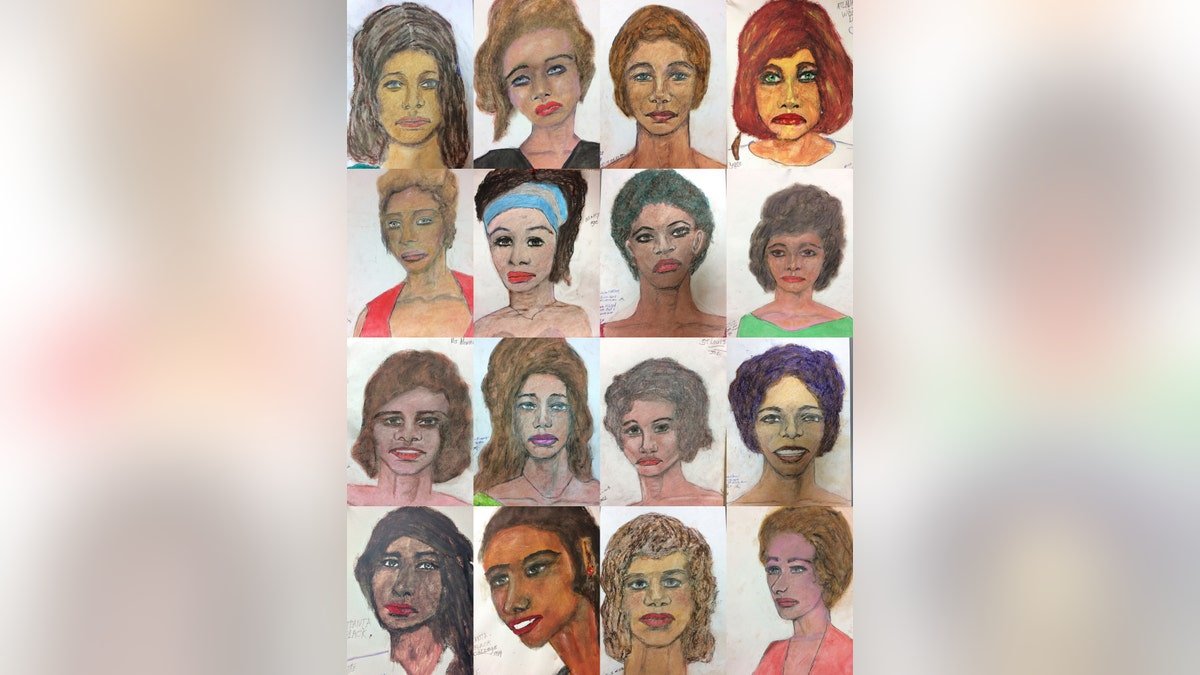 A composite image of drawings made by Samuel Little of his victims.