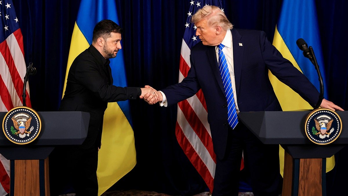 U.S. President Donald Trump shakes hands with Ukrainian President Volodymyr Zelenskyy
