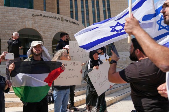 Protesters gather outside the district court in the Israeli city of Beersheeba supporting Mohammed al-Halabi during his trial in 2022. 