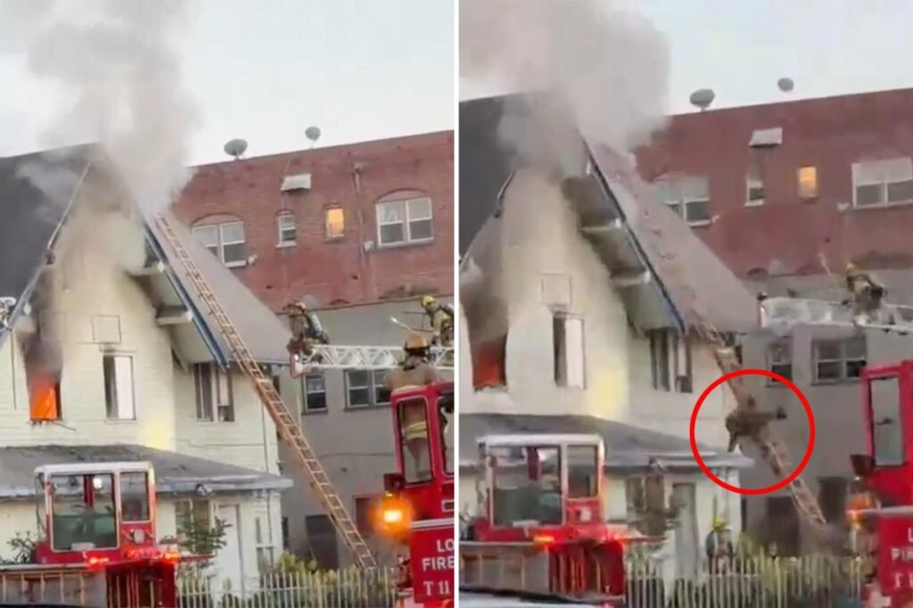 Harrowing moment firefighter plummets from roof of .3 million LA home