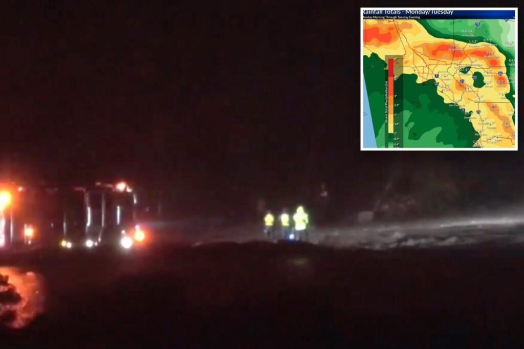 Frantic search for driver swept away by raging SoCal floodwaters after clinging to truck’s roof