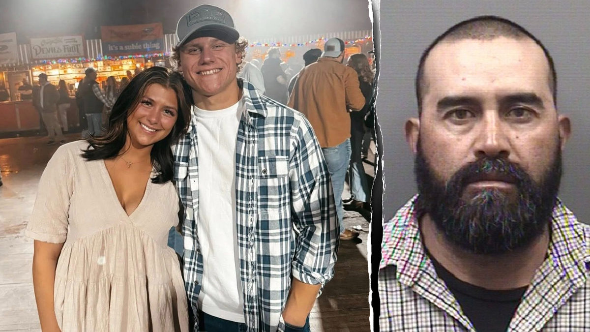 A split image shows a photo of Fletcher Harris and Skylar Provenza on the left and a booking photo of Juan Alvarado Aguilar on the right