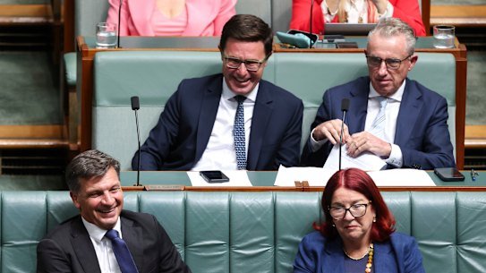 : Shadow Minister for Defence Angus Taylor and Shadow Minister for Defence Industry and Shadow Minister for Defence Personnel Melissa Price. Back row: Nationals leader David Littleproud and Deputy Nationals leader Kevin Hogan during Question Time