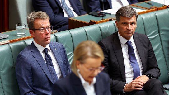 Possible challenger Angus Taylor (right) sits behind Sussan Ley during question time on Tuesday.