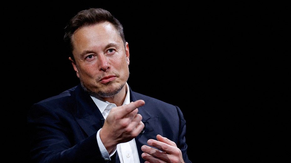 Elon Musk is seen on stage at a conference in Paris, France. 