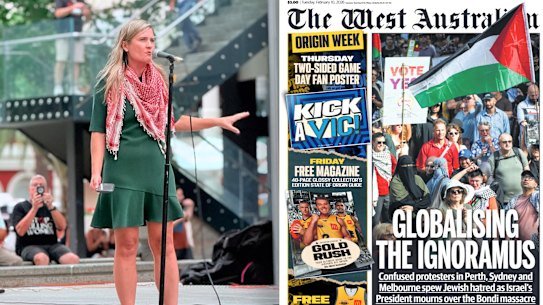 Greens MP Sophie McNeill speaking at the rally in Perth on Monday and, right, the front page of Tuesday’s The West Australian newspaper.