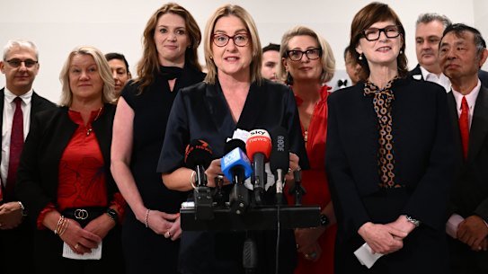 Victorian Premier Jacinta Allan on Tuesday with colleagues who were invited to defend the handling of the CFMEU scandal.