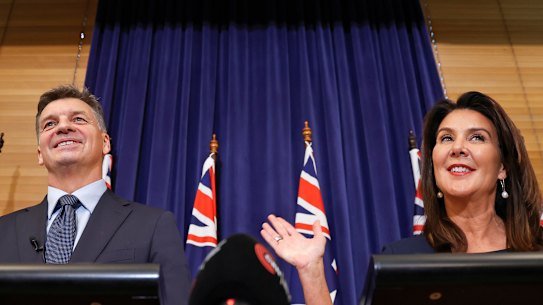Liberal leader Angus Taylor and deputy leader Jane Hume speak during a press conference after a Liberal Party leadership spill. 
