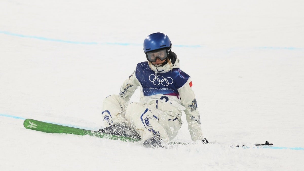 Eileen Gu of Team People's Republic of China falls in the Women's Freeski Halfpipe Qualification 1 on day thirteen of the Milano Cortina 2026 Winter Olympic games at Livigno Air Park on Feb. 19, 2026 in Livigno, Italy. 