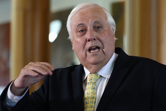 Clive Palmer holds court at a press conference in Parliament House on Wednesday.