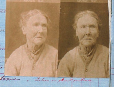 Jane Jamieson, known by many aliases including Jane Vaughan, pictured in a mugshot in 1892.