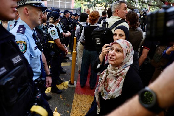 Protesters on Tuesday evening at Surry Hills Police Station.