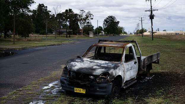 A burnt-out car outside Moree. In regional towns, young offenders are stealing cars, taking them for high-speed joyrides and then burning them.