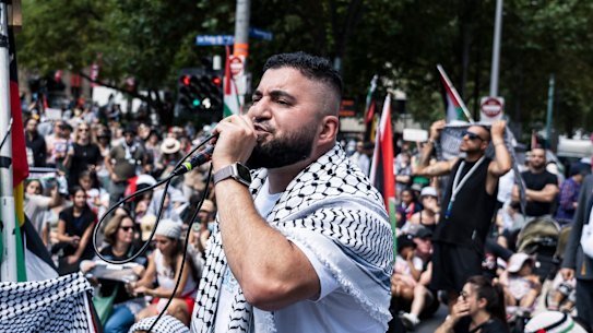 Businessman and pro-Palestinian activist Hash Tayeh, of the Burgertory chain, at a protest in Melbourne.
