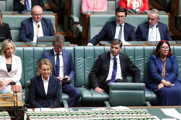 Opposition Leader Sussan Ley during question time on Tuesday, with Nationals leader David Littleproud sitting on the backbench. 
