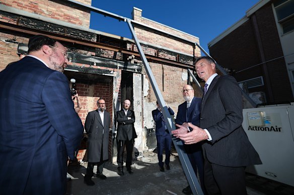 Opposition Leader Angus Taylor (right) during a visit to the Adass Israel Synagogue in Melbourne on Friday.