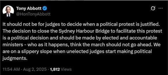 Former prime minister Tony Abbott’s post on social media following the decision about the pro-Palestine Sydney Harbour Bridge march.