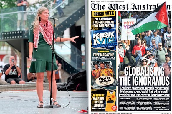 Greens MP Sophie McNeill speaking at the rally in Perth on Monday and, right, the front page of Tuesday’s The West Australian newspaper.